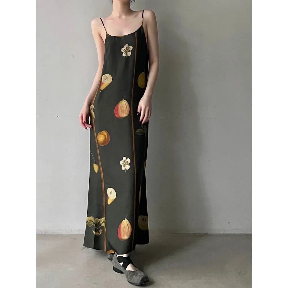 Spring and Summer Retro Fruit Print Casualy Drape Square Neck Thin Suspender Long Dress 2 Colors