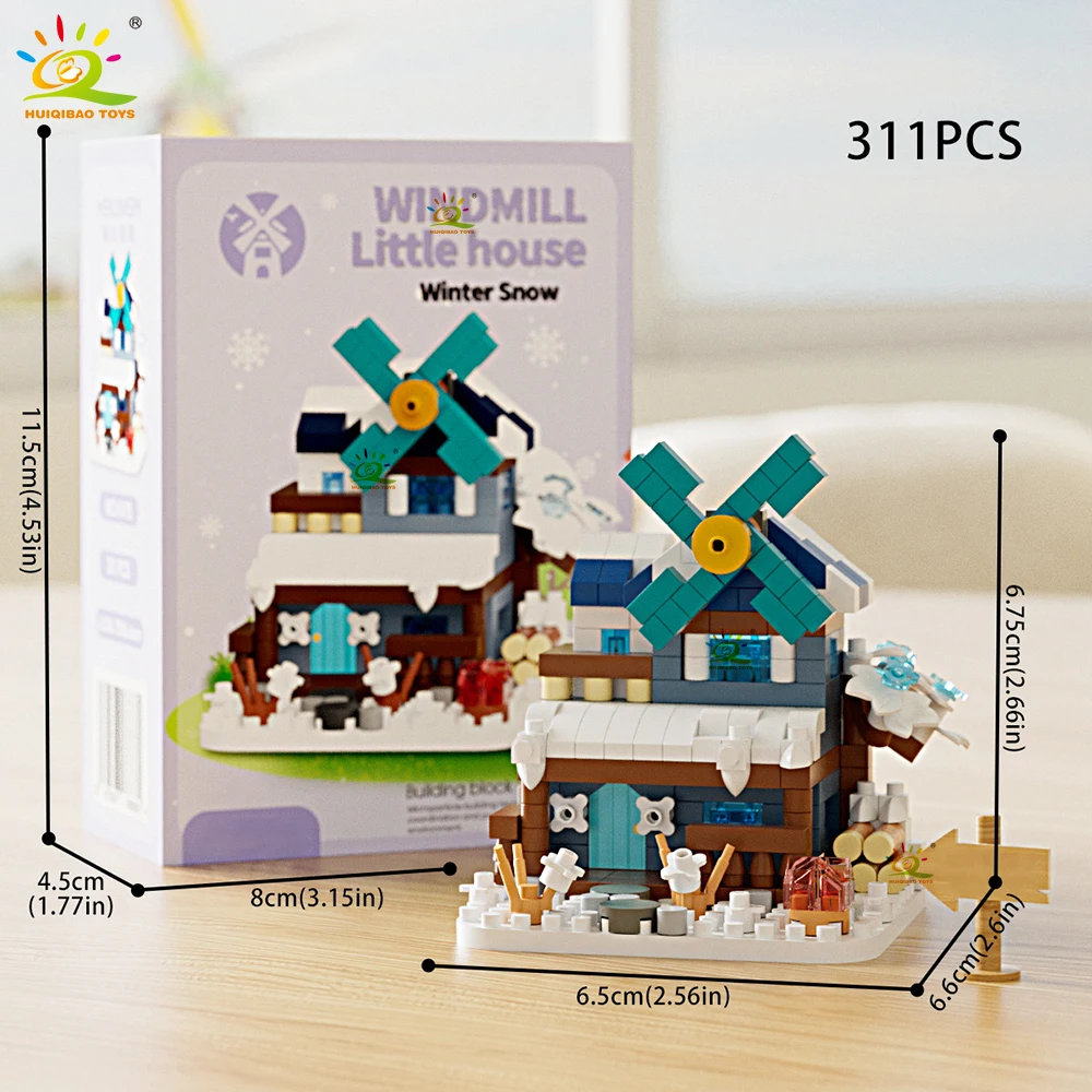 HUIQIBAO mignon MOC moulin à vent maison modèle Micro bloc de construction vue sur la rue modèle Mini brique jouet pour enfants bureau décoration de la maison