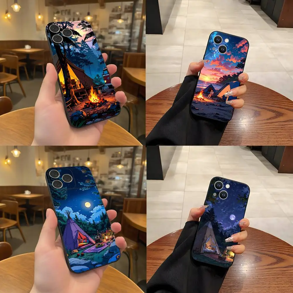 

Outdoor Campings Art Phone Case For iPhone 17,16,15,14,13,12,11,Pro,Max,Plus Black Shockproof Soft Cover