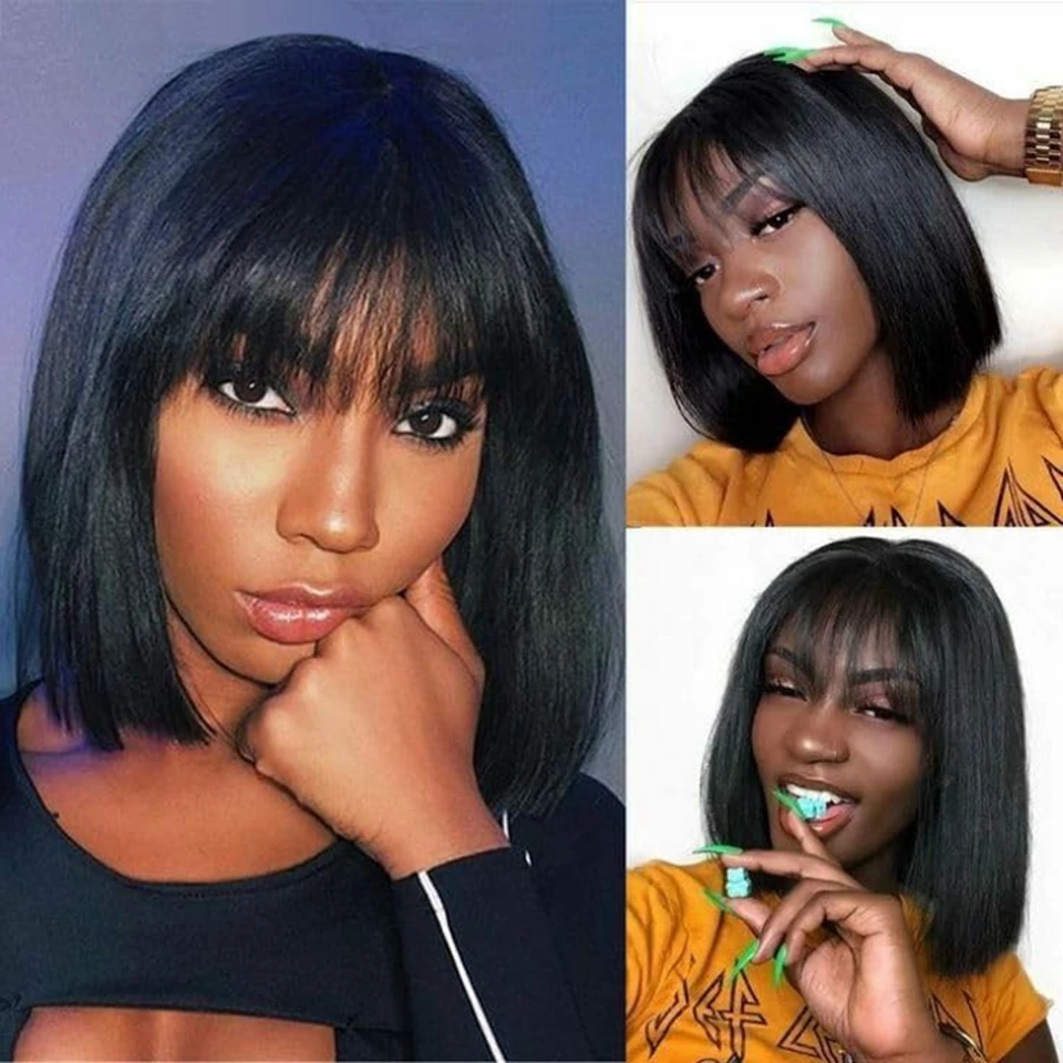 

Alipretty Short Wigs Bob With Bangs Human Hair Wigs Straight Full Machine Made Wig None Lace Front Wig Human Hair Glueless Wigs