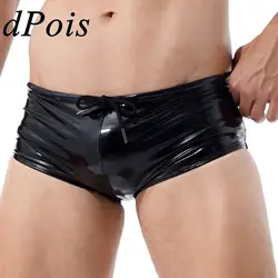 Men Wet Look Patent Leather Shorts Swimming Trunks Sissy Mens Low Rise Drawstring Boxer Shorts Beach Swimwear Party Clubwear