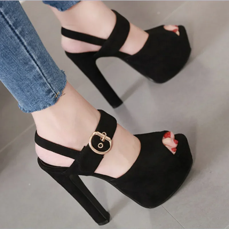 

Fashion Women Ankle Strap Sandals Casual Flock Buckle Strap Thin Heels 13CM Open Toed High Heels Women Sandals Discount Pumps