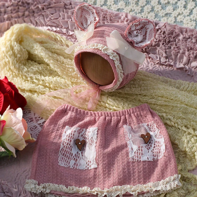 Ylsteed Pink Color Newborn Girl Photography Outfits Bow Bear Ears Hat and Heart Buttons Mini Skirt Set Infant Photography Props