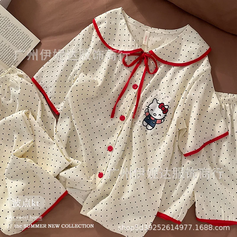 

3-Piece Set Hello Kitty 2025 Summer New Cloud Cotton Round Neck Doll Neck Short Sleeve Shorts for Girls' Pajamas Home Clothes