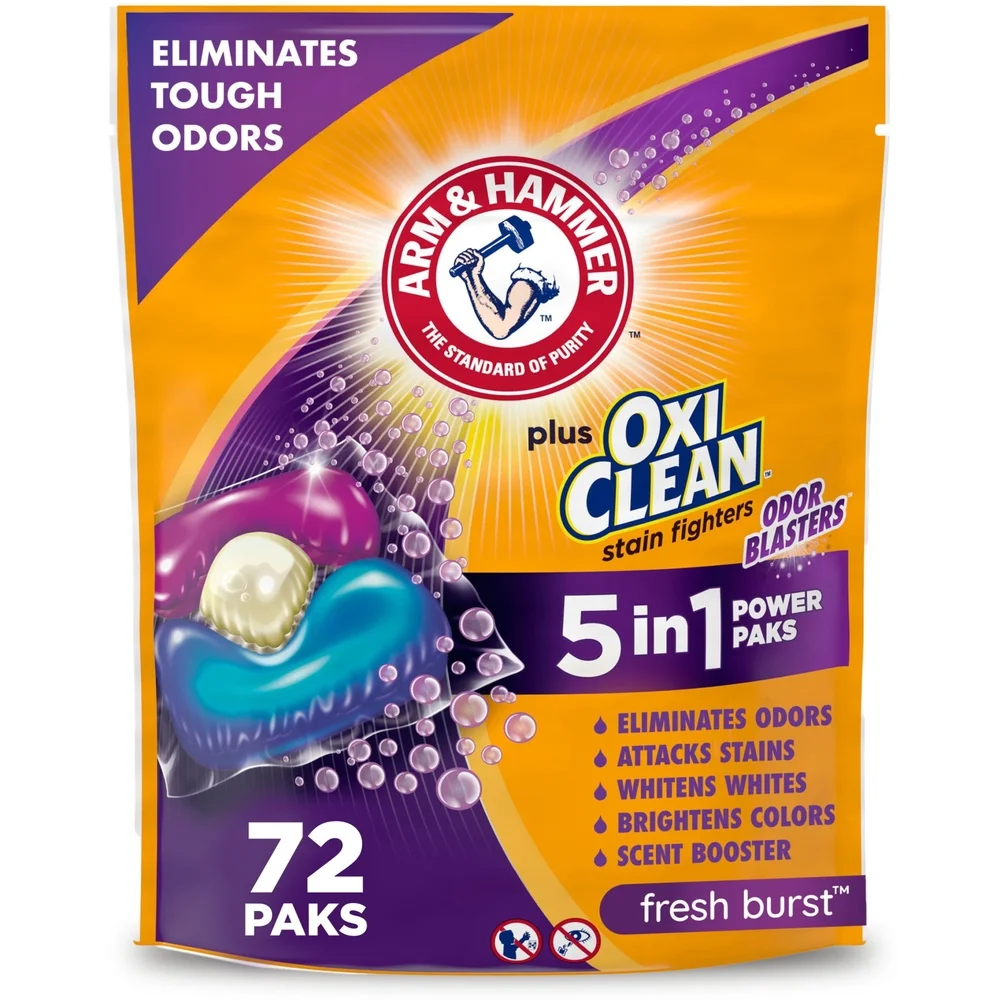 5-in-1 Odor Eliminating Laundry Detergent Power Paks 72 Ct HE Stain Remover Fresh Burst Odor Blasters Deep Clean Packs