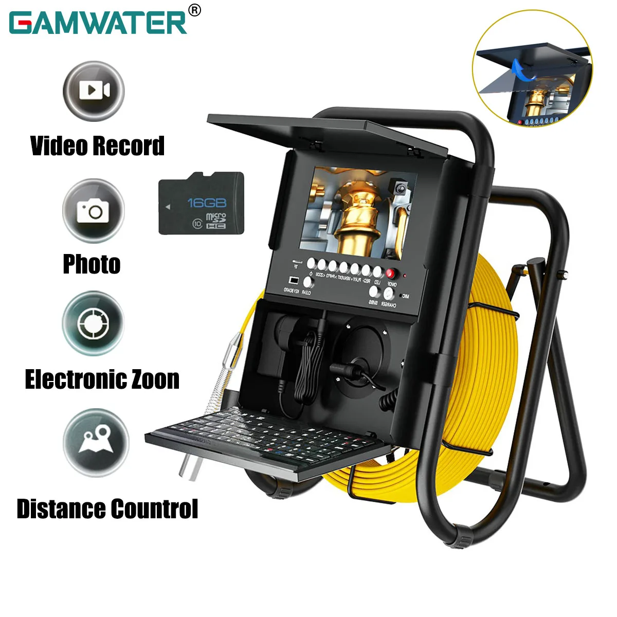 GAMWATER 17/23MM Sewer Camera with 512HZ DVR 16G Meter Counter Pipe Inspection Camera Keyboard 7 inch Drain Industrial Endoscope