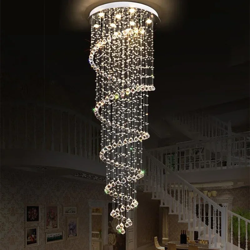 Modern Led Crystal Chandelier Long Staircase Spiral Pendant Light Fixture for Living Room Rain Drop Christmas Decoration Lamp