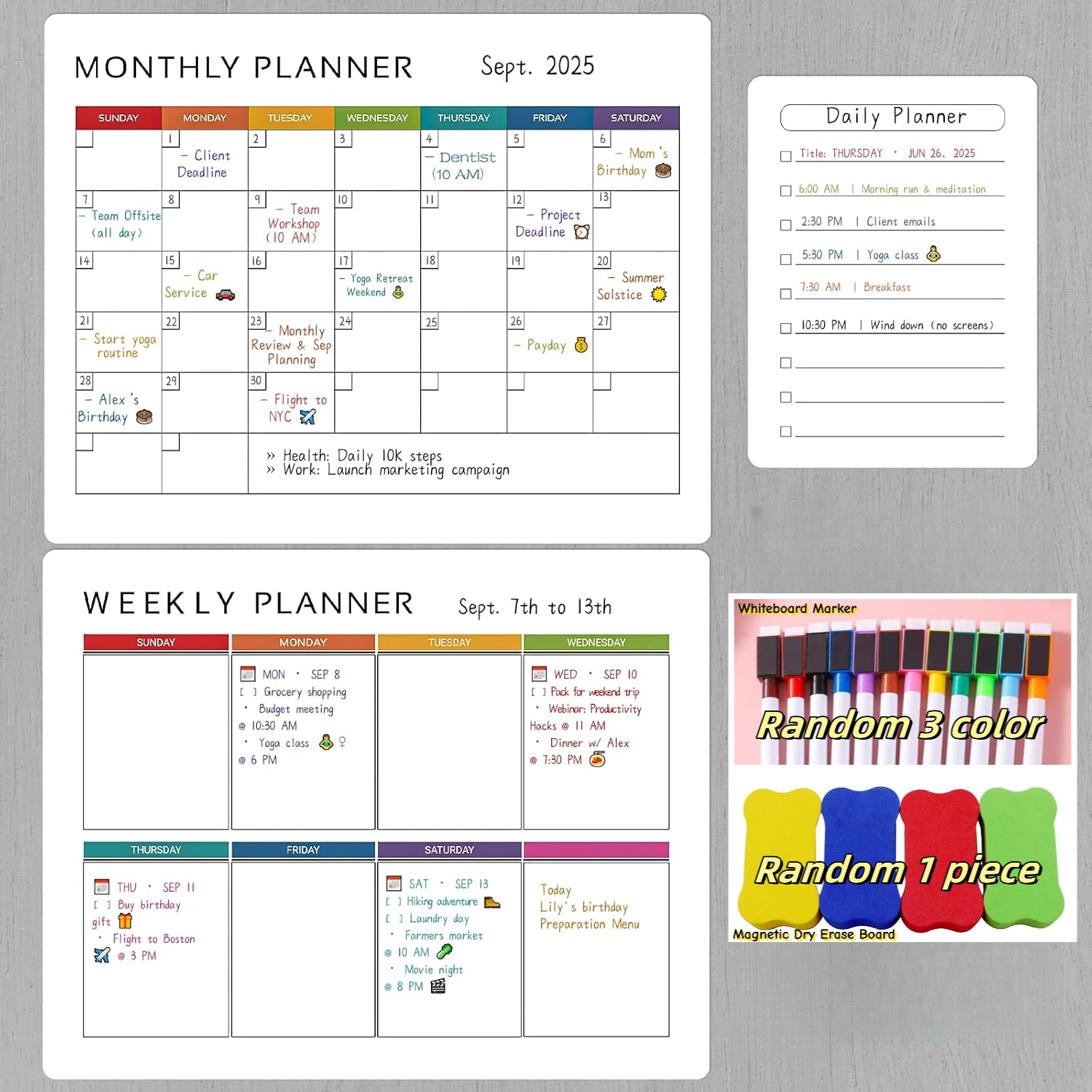 7PCS (Includes 3 Planning Boards + 3 Random Color Pens + 1 Random Color Eraser) Dry Erase Calendar Fridge, Magnetic Calendar Ref