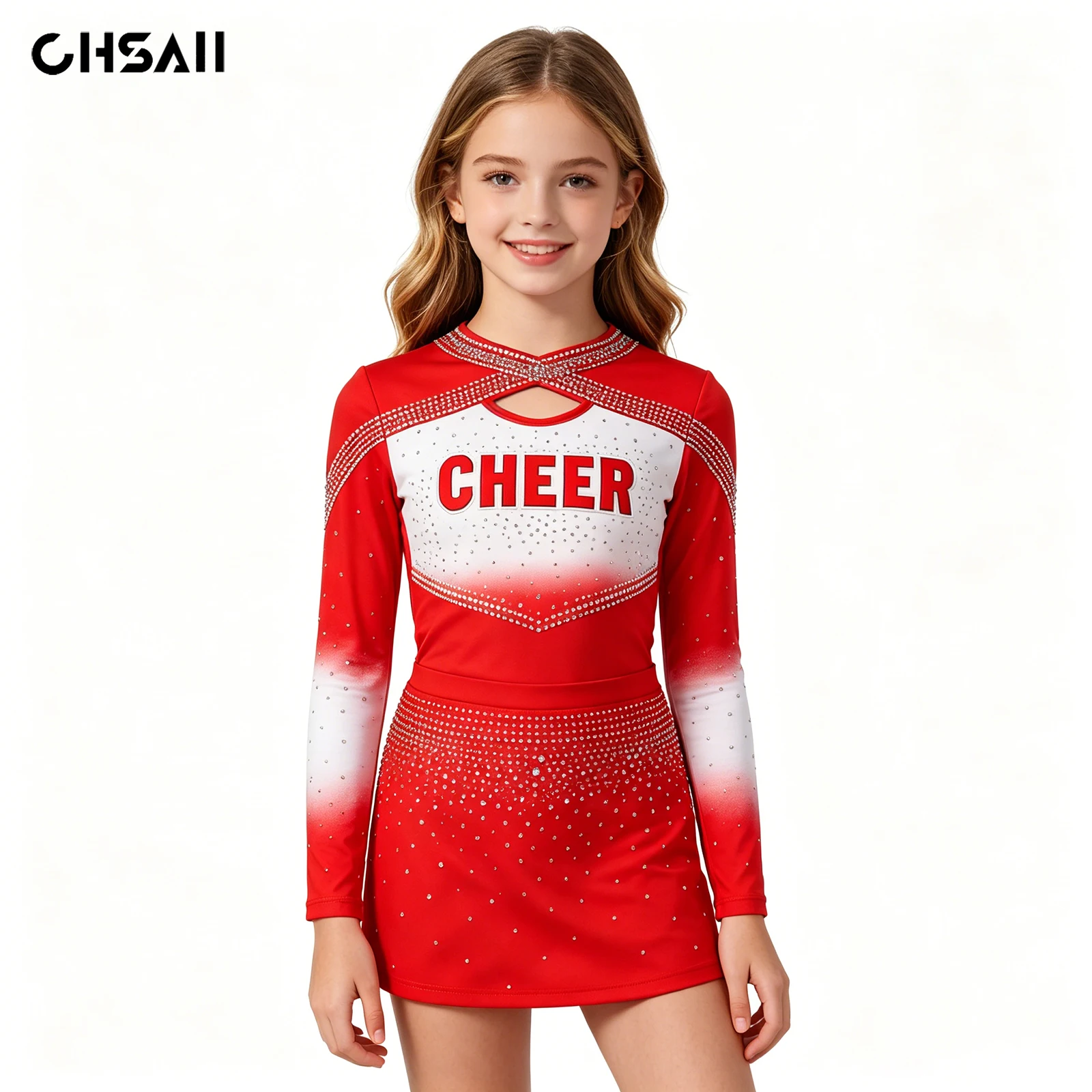 Kids Red White Gradient Rhinestone Cheerleading Uniform Long Sleeve CHEER Letter Print Top Skirt Girls Dance Competition Outfit