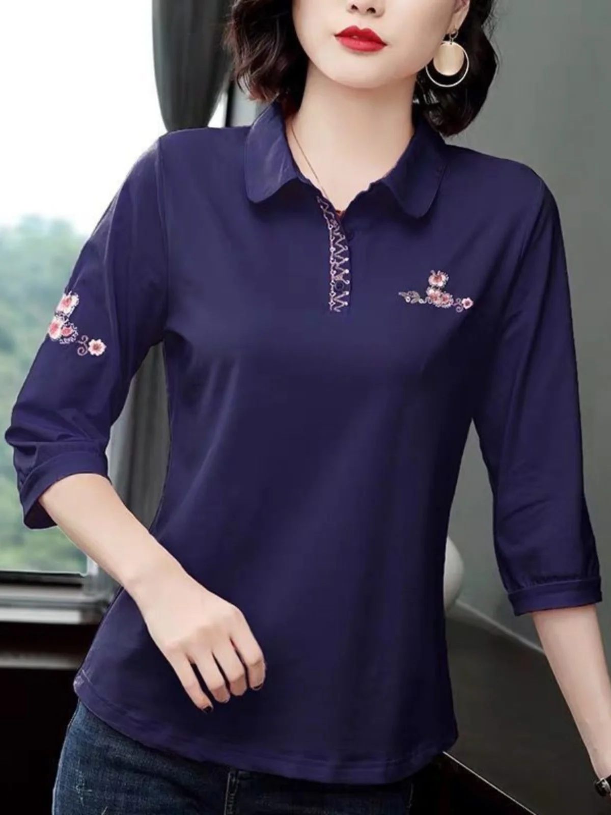 

Ladies' Cotton T-irt Tee-Quarter Sve Embroidered Collar Spring Autumn Faionable Quali Base irt Medium Size