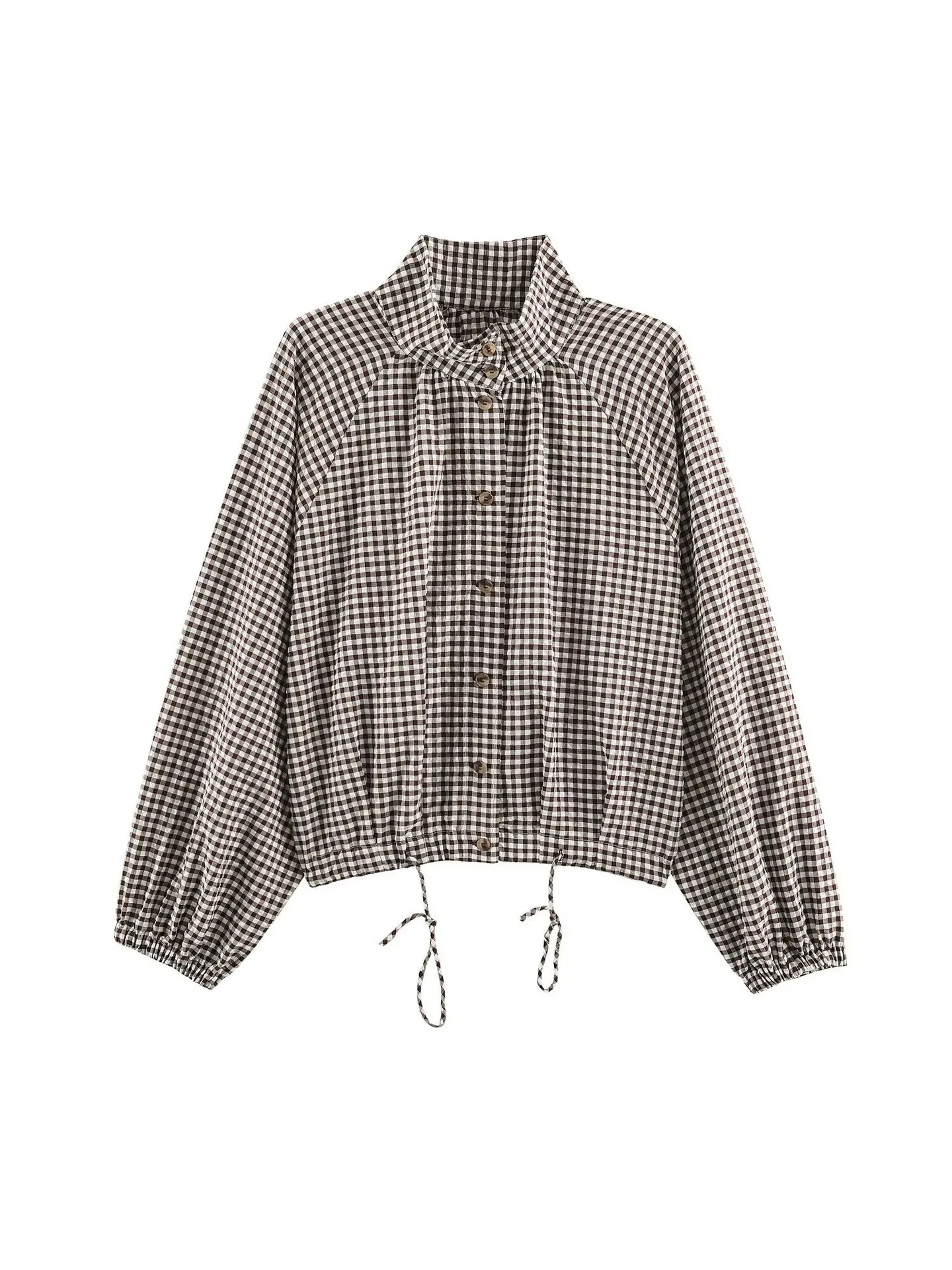 Early Autumn New Women's Clothing Simple Casual Long-Sleeve Stand-Up Collar Adjustable Tie Plaid Jacket