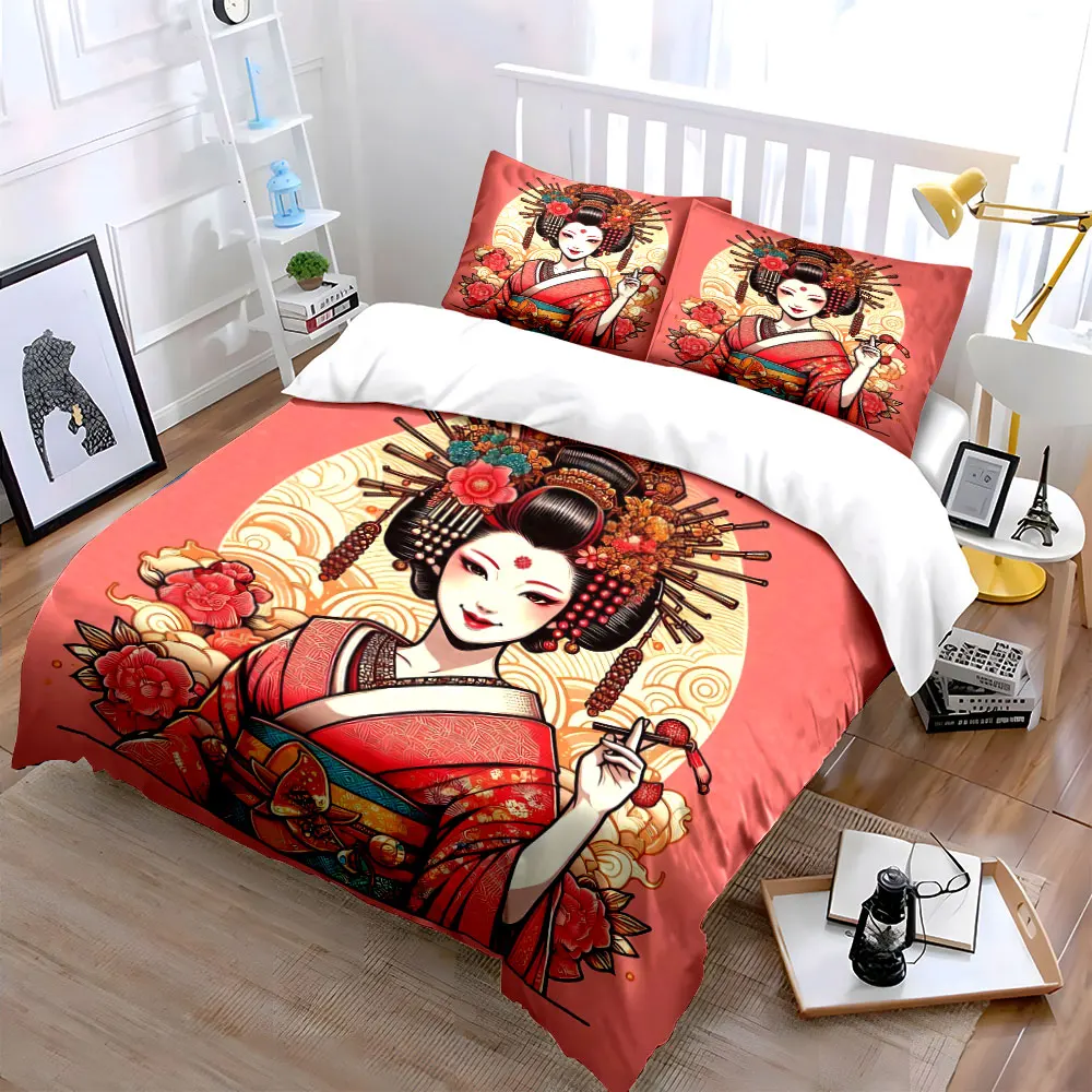 Traditional Geisha Art Set Soft Skin-Friendly Bedding Set Includes 1 Duvet Cover And 2 Pillowcase, Gift