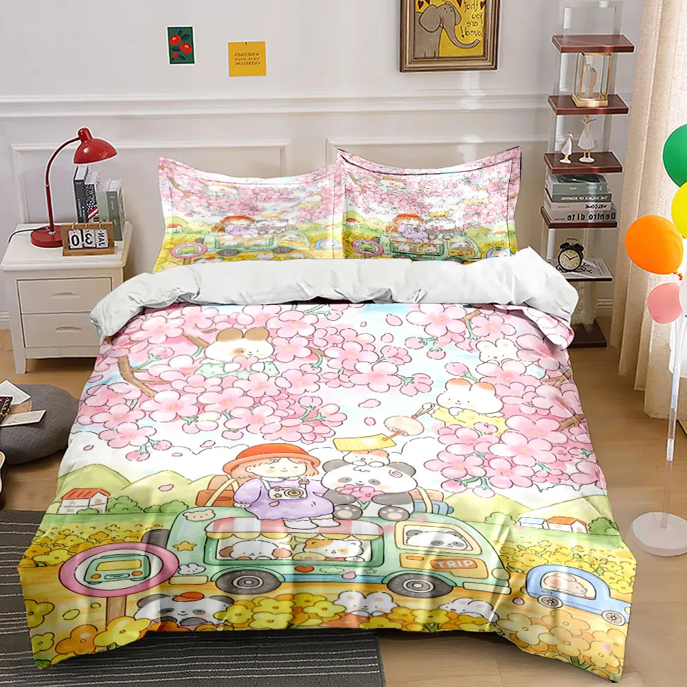 

Spring outing cartoon scene Pattern Duvet Cover Set Digital Print Colorful Polyester Bedding with Zipper Closur for kids gifts