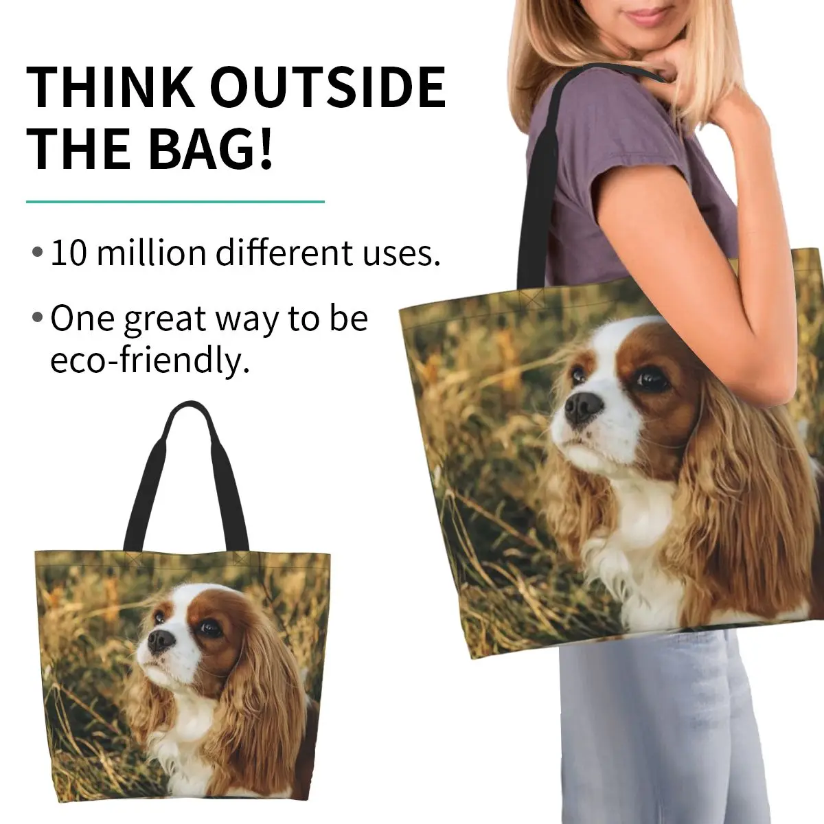 Custom Cavalier King Charles Spaniel Square Shopping Tote Bag Canvas Large Capacity Shoulder Bags Shopper Grocery Handbag