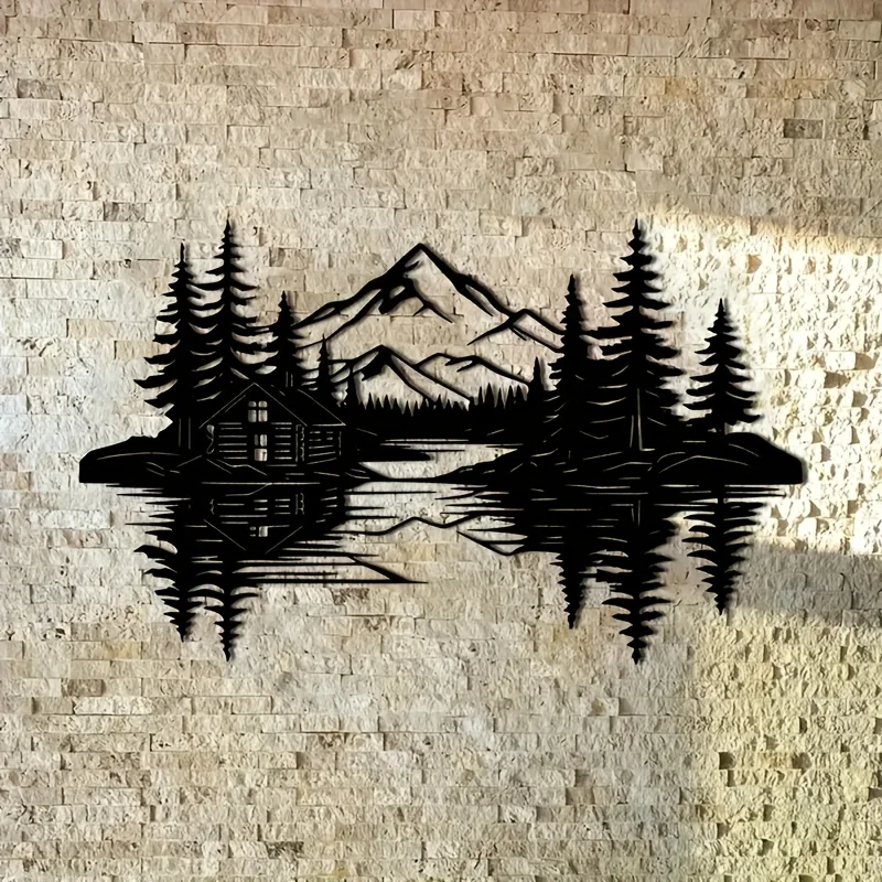 Lake Cabin Mountain Iron Wall Art 15.74x9.72 Inch Wilderness Metal Decor Home Terrace Balcony Scenic Gift Ornament