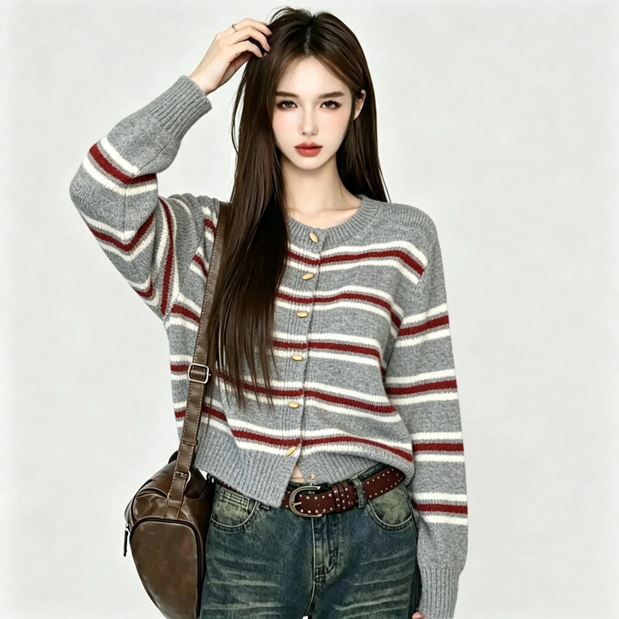 Gray Loose Knitted Sweater Women's Fashionable Vintage Striped round Neck Button up Cardigan Autumn Unique Super Beautiful