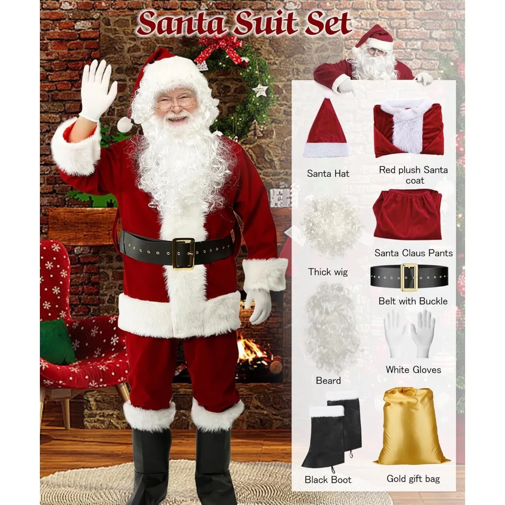 Santa Suit Christmas ,Santa Claus Costume for Men Women Adult Costume Santa 10pc. Outfit