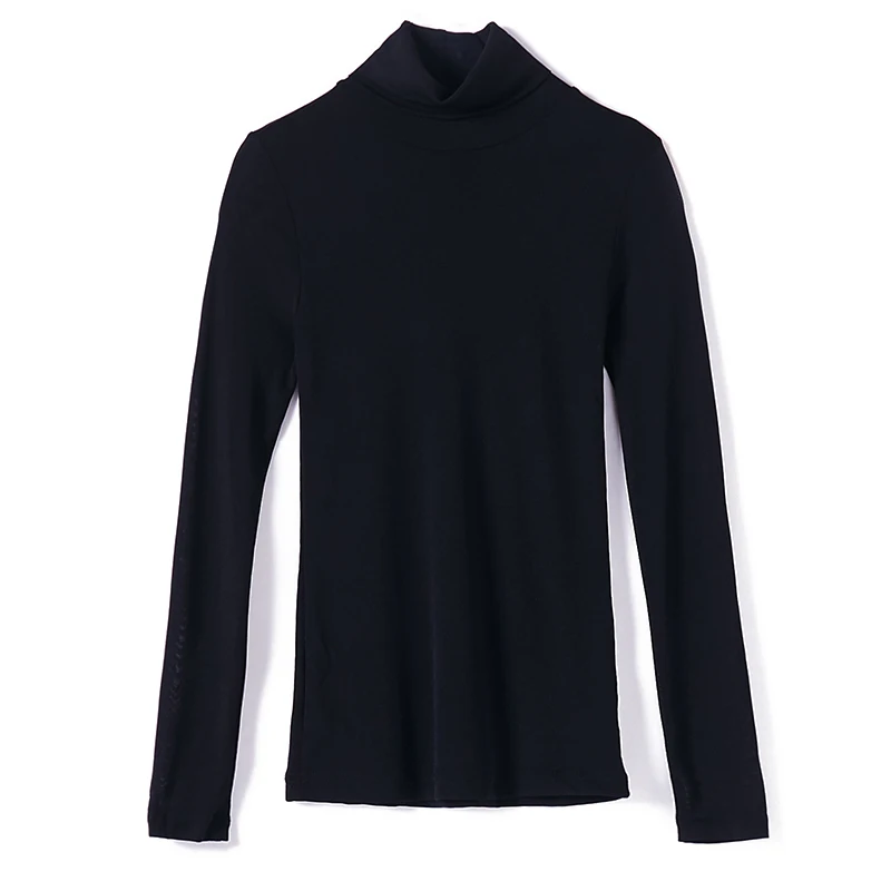 2023 ربيع الخريف جديد شبكة قاع تي شيرت عالية الياقة كم طويل بلون أسود تيز سليم ملابس علوية نسائية عادية