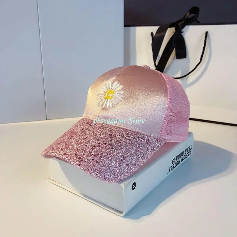 Y88A Women Mesh Back Sequins Visor Baseball Cap Letter Embroidery for Snapback