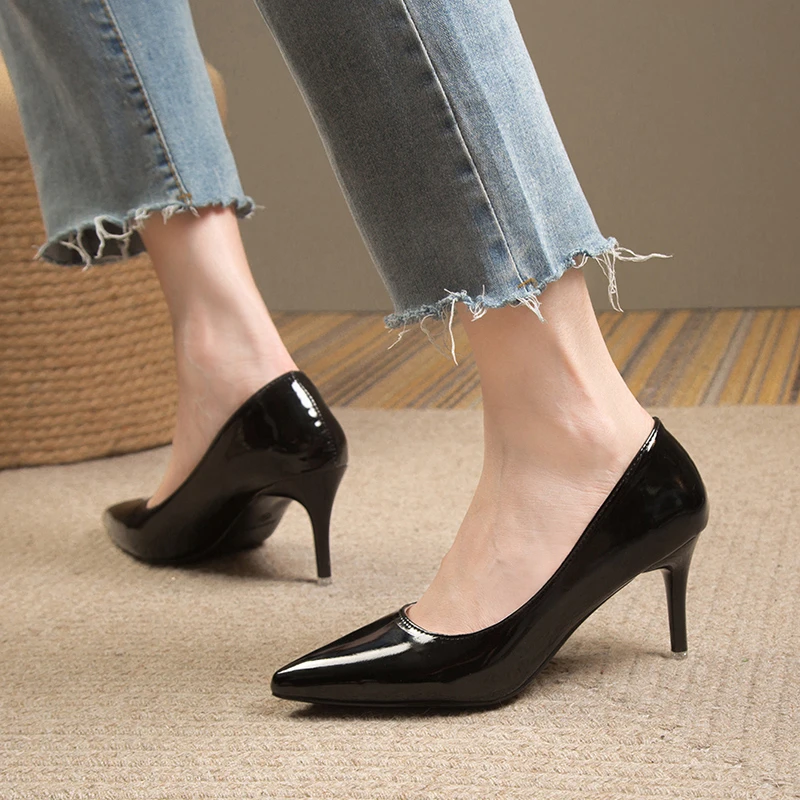 Spring and Autumn New Naked Lacquer Leather Thin Heels High Heels Versatile Pointed Shallow Mouth Single Shoes for Women