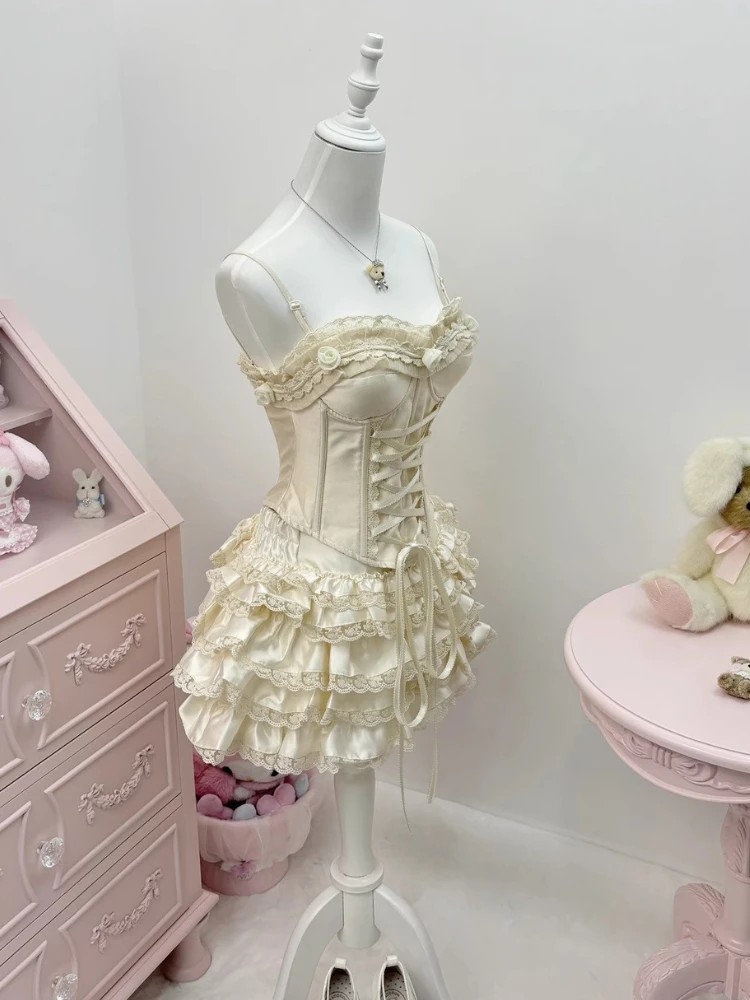 Summer Sexy Sweet Elegant Women Clothes 2 Piece Set Y2k Chic Lace Design Strap Tops+ Fashion Female Slim Fit Skirt Retro Outfits
