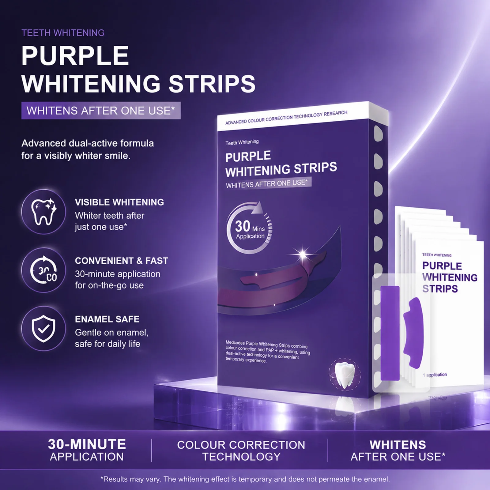 Tiras Blanqueadoras de Dientes Color Purple, Fórmula PAP Correctora de Color, Blanqueamiento Suave, Belleza Dental, Brillo Instantáneo, Eliminación de Manchas