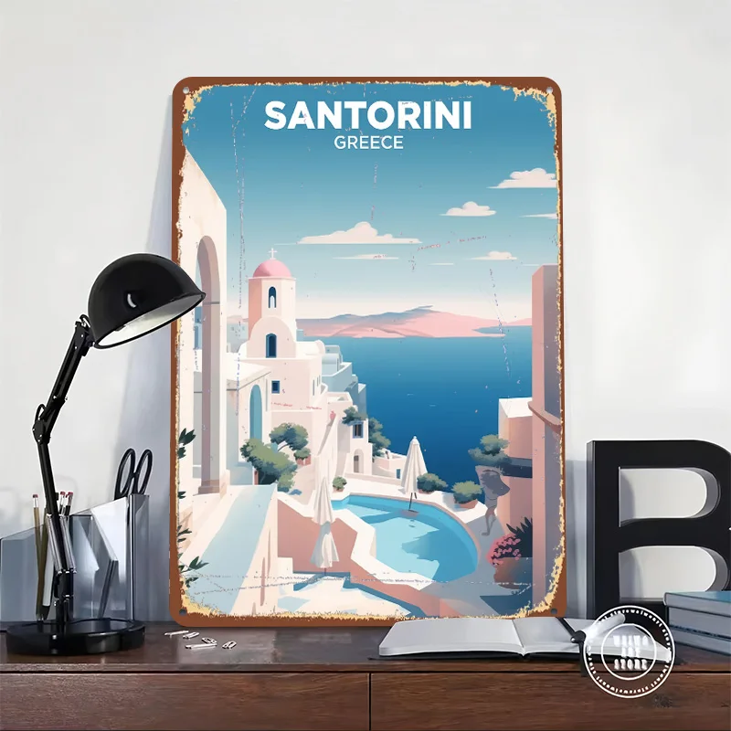 Santorini Greece Travel Metal Poster Custom Wall Art Retro Vintage Tinplate Signs for Man Cave Setup Decorations Room Decoration