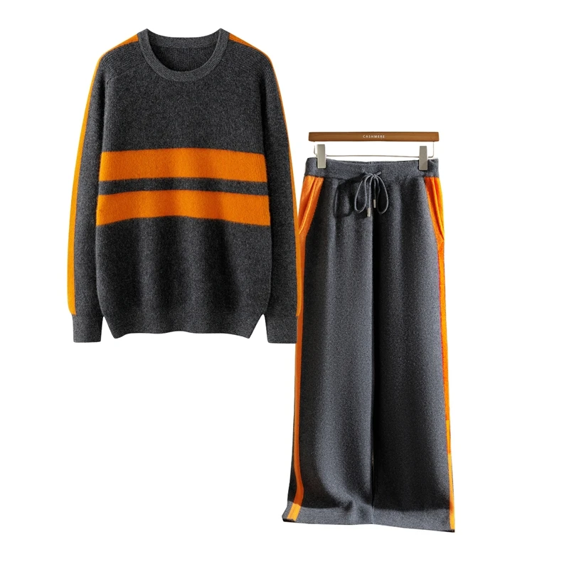 Men's High Quality 100% Cashmere Casual Set Knitted round Neck Pullover Sweater Loose Striped Long Pants Pocket sports two-piece