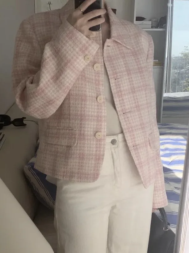 

Miss Candy Korean LEROBE Meina Home Retro Pink Plaid Loose Collar Little Fragrance Style Jacket Women's Regular Length Outerwear
