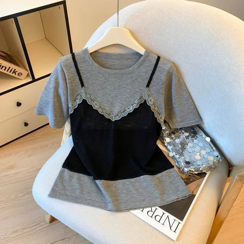 

2026 Summer New Korean Fashion Lace Patchwork O-neck Short Sleeve T-Shirts Female All-match Fake Two Pieces Top Tee Women Tshirt