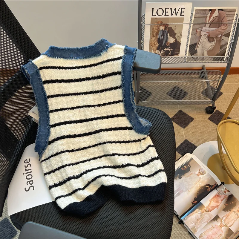 Chic Sleeveless Autumn New Denim Patchwork V-Neck Striped Cardigan Knitted Vest Women