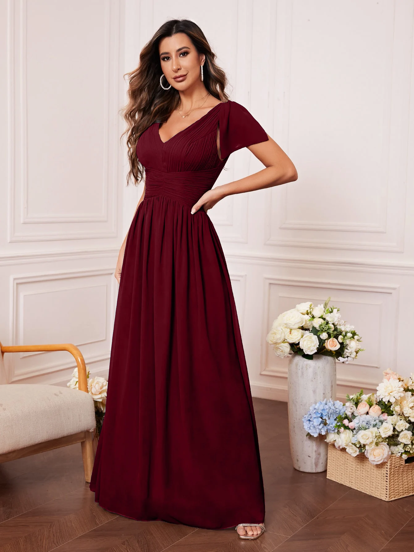 Unithorse V-Neck Pleated Short Sleeve Chiffon Elegant Long Formal Bridesmaid Dress