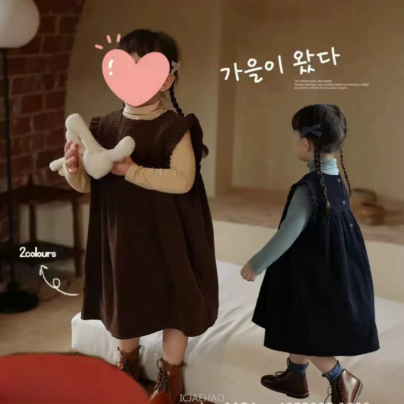 

Одежда для девочек-подростков 2024, вельветовое платье в корейском стиле для девочек, осеннее платье принцессы с развевающимися рукавами, детское осенне-весеннее праздничное платье