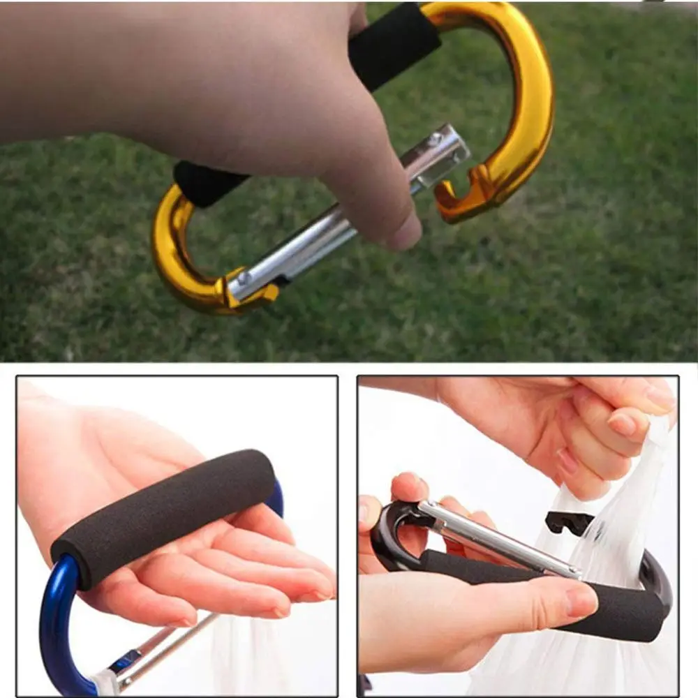 ตะขอแขวนรถเข็นเด็กอเนกประสงค์ 2 ชิ้น พร้อมที่จับฟองน้ำ ห่วงรูปตัว D คลิปหนีบถุงช้อปปิ้ง ทำจากอลูมิเนียมอัลลอยด์ จับถนัดมือ