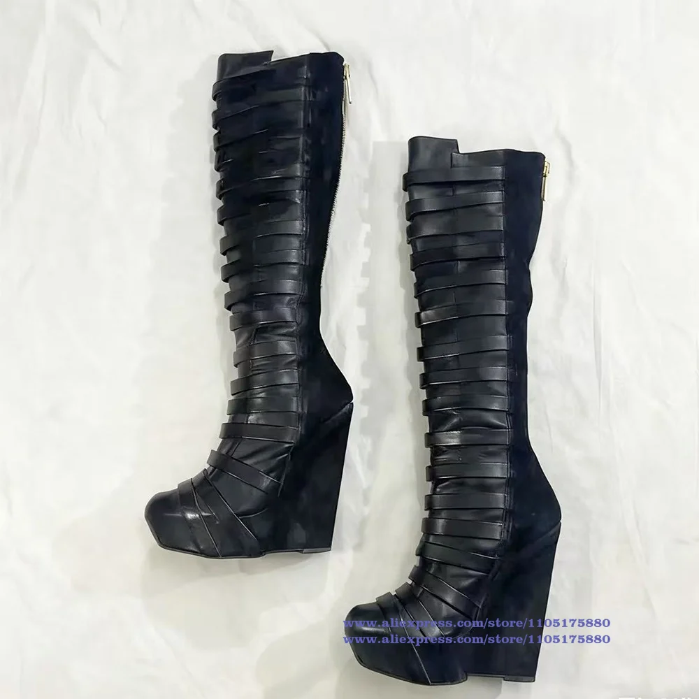Multi Straps Plattform Keil Kniehohe Stiefel Zurück Zipper Schwarz Leder Stiefel Frauen Schuhe Neuheit Designer Stiefel Party Botas Mujer