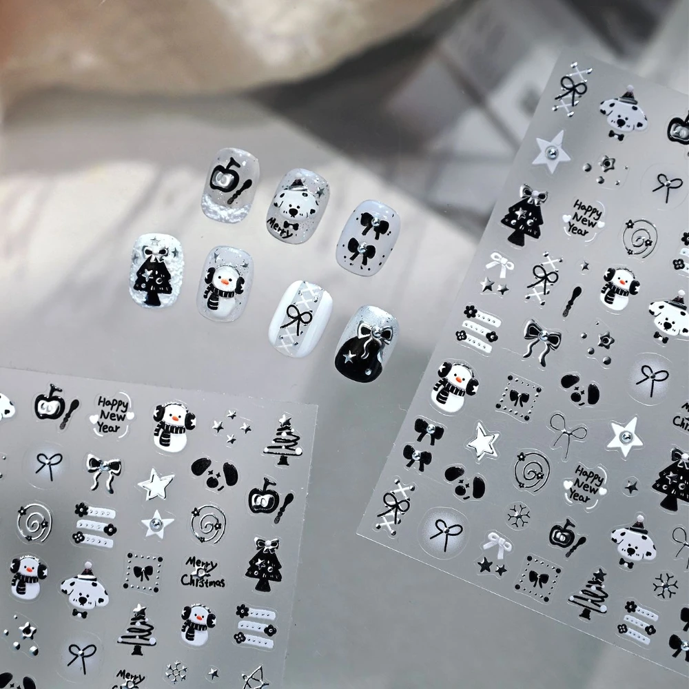 Noir blanc noël mignon dessin animé bonhomme de neige chiot nœud papillon arbre 3D Nail Art autocollants père noël flocon de neige noël manucure décalcomanies