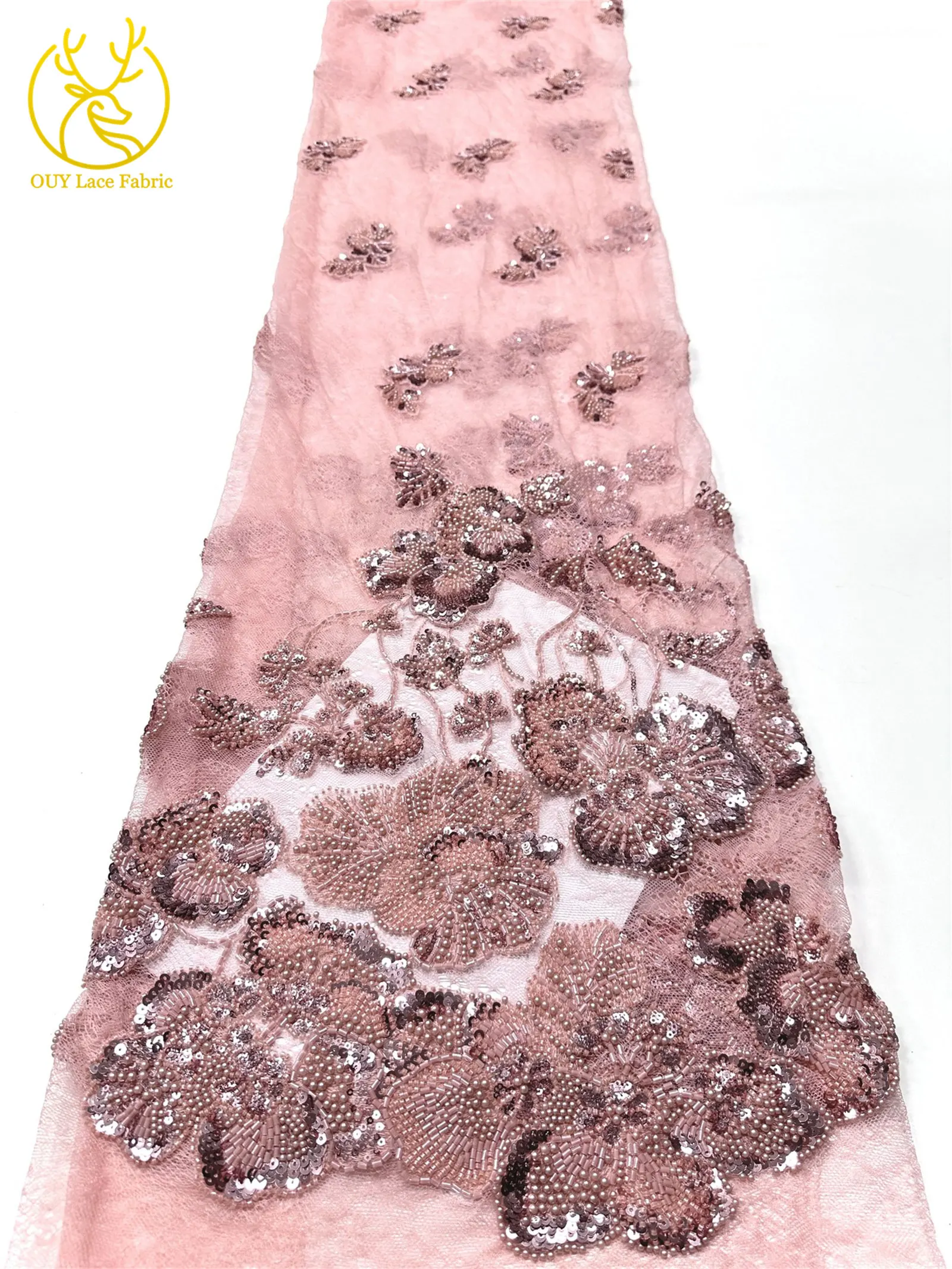 Afrikanischer Perlen-Spitzenstoff, 5 Yards luxuriöser nigerianischer französischer Pailletten-Spitzenstoff, ideal zum Nähen von Damen-Partykleidern – Detail 15