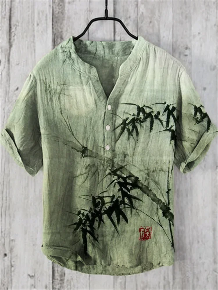 2024 summer fashion man Small v-neck henley shirt Bamboo Forest Full Moon Night Japanese Art Shirt Artistic casual short-sleeved