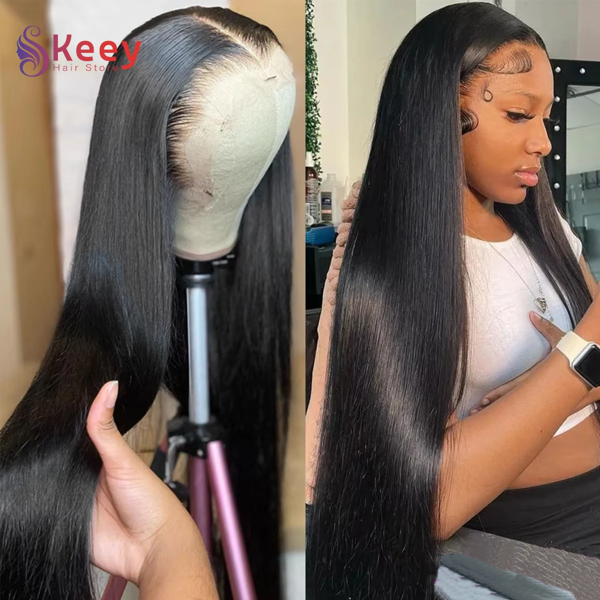 40인치 360 레이스 프론트 가발 스트레이트 인모 200% 밀도 본 스트레이트 가발 13x6 HD 투명 레이스 프론트 가발 브라질리언 가발
