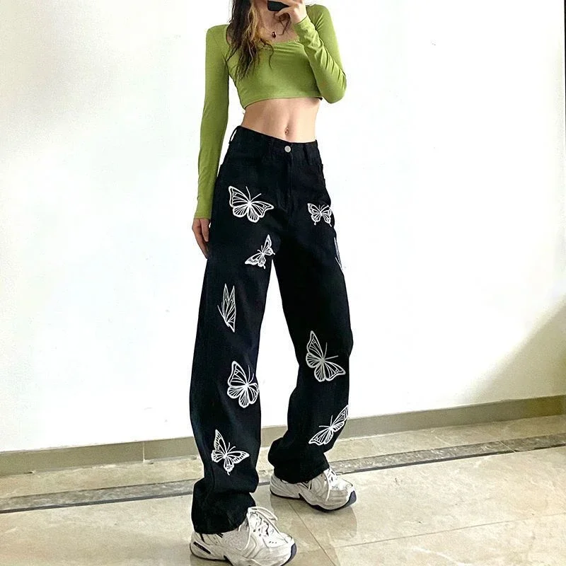 High Waist Y2k Jeans Women Korean Pantalon Femme Chic Butterfly Print Wide Leg Pants Casual Streetwear Straight Denim Trousers