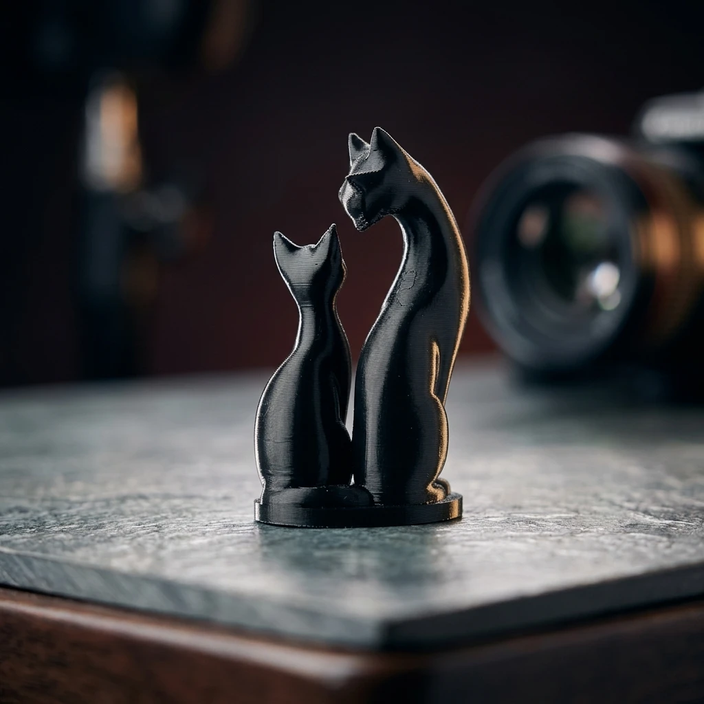 Black Cat Figurine 2.8in Mother and Kitten Statue 3D Printed Animal Sculpture Minimalist Desk Decor Sweet Gift for Cat Lovers