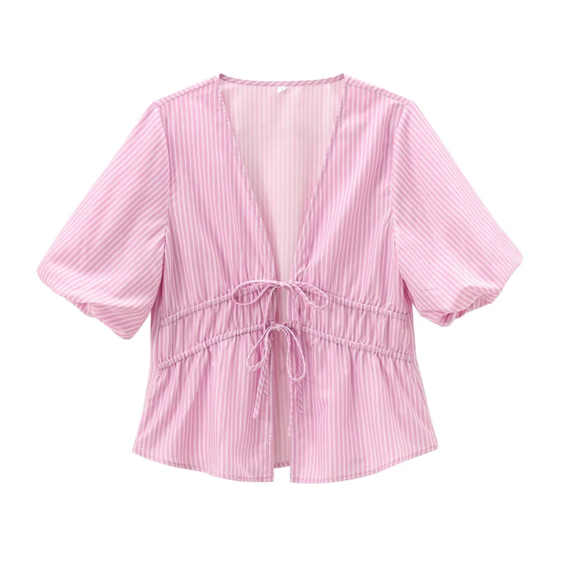 

YENKYE New Women Bow Lace Up Striped Shirt Vintage Puff Sleeve V Neck Summer Blouse Pink Tops ropa de mujer