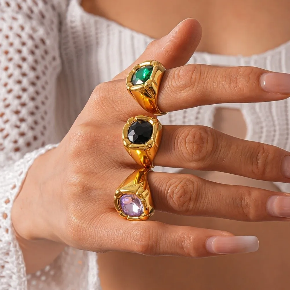 지르콘 사각 크리스탈 반지 스테인리스 스틸 연회 스타일 사각 지르콘 반지 화려하고 우아한 과장된 반지