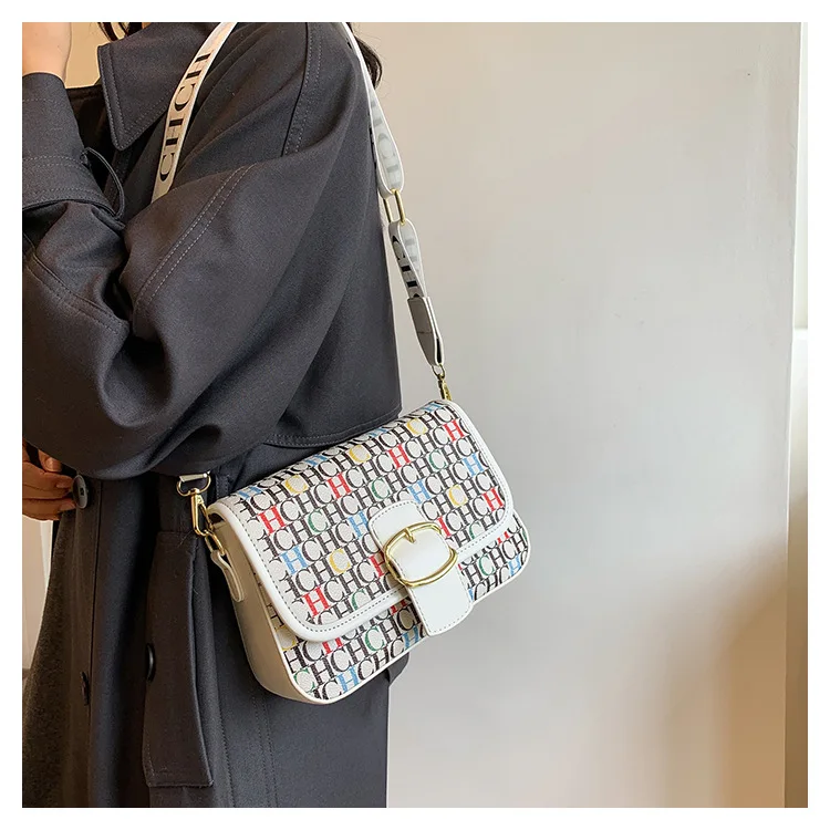 

Trendy Color Block Letter Print Bag - New Season Small Square Crossbody, Wide Webbing Single Shoulder Bag for Women