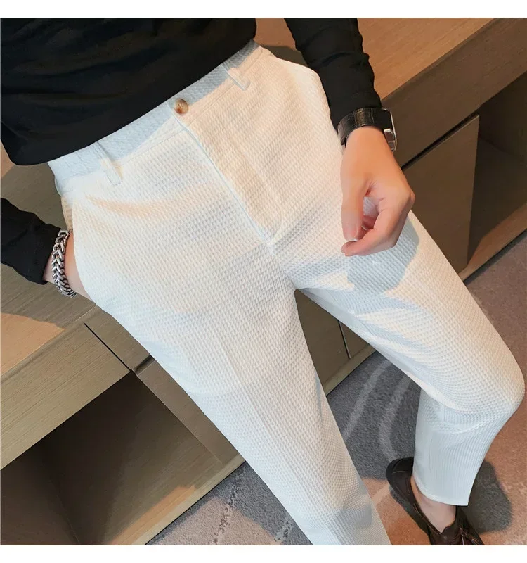 Pantalones informales de negocios para hombre, pantalones recortados, patrón de gofres, nueva tendencia, primavera y verano, verde oscuro, blanco, 28-38