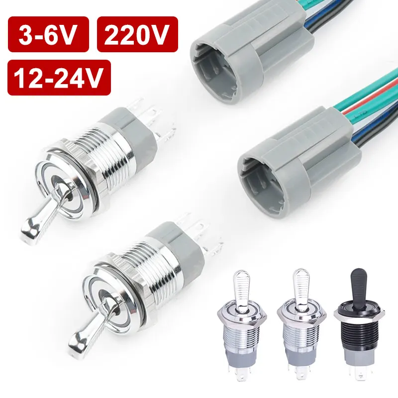 10A 16MM Metal Toggle Switch Waterproof Self-locking Toggle Button with LED Light 1NO1NC/2NO ON-OFF Slide Power Power Buttons