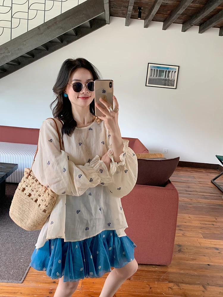 

Женская льняная рубашка JinSuYi с длинным рукавом и вышивкой, свободного кроя, летняя, 2026, в корейском стиле, модный топ для защиты от солнца