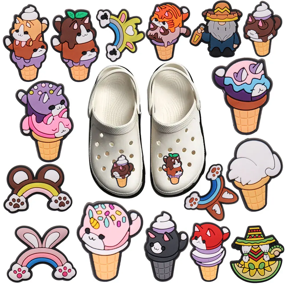 New Arrival 1pcs PVC Shoe Charms Fit Wristbands Rainbow Cloud Ice Cream Deer Hole Slipper Decoration Shoe Accessories Kid Gift