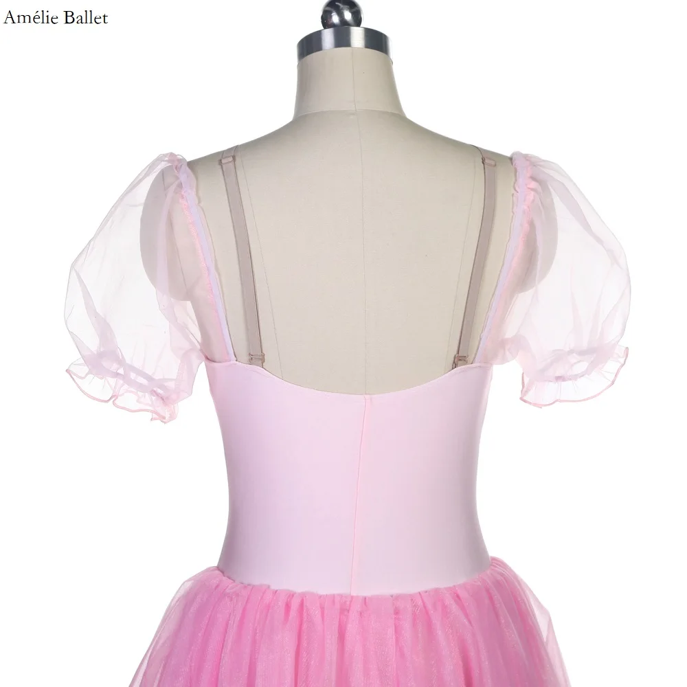 19024 جديد الوردي دنة صد نفخة الأكمام الزهور البيضاء تقليم الفتيات l والنساء فستان رقص الباليه رومانسية فستان طويل الباليه #6