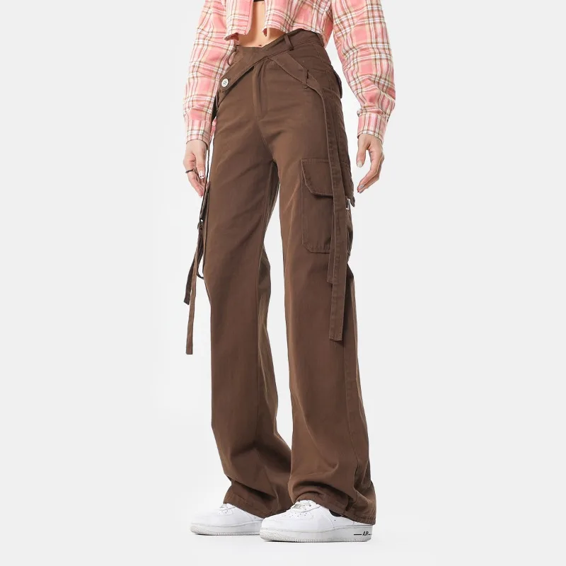 OR FL Trendy Brand Personality 100 Cotton Women Cargo Trousers Ribbon Decoration Cross Waist Seal Japanese style Staraight Pants